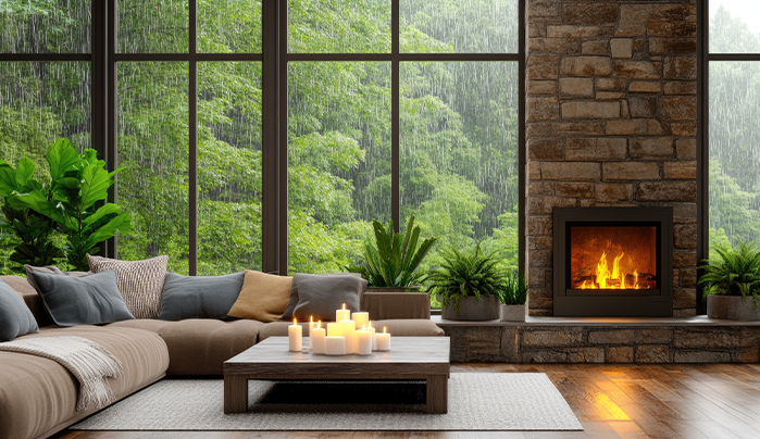 Modern living room with plywood table