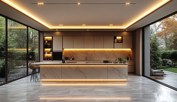 TV unit with LED strip in hall interior - CenturyPly