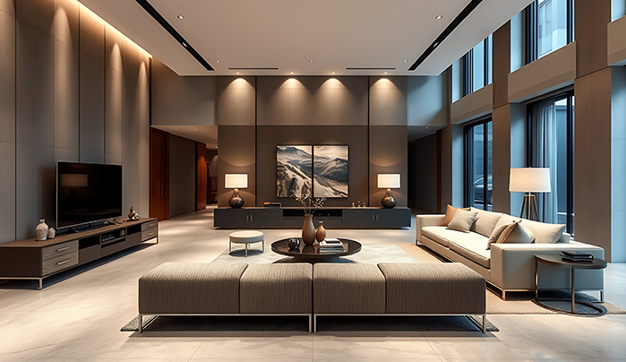 Well-positioned sofa layout in modern hall design - CenturyPly